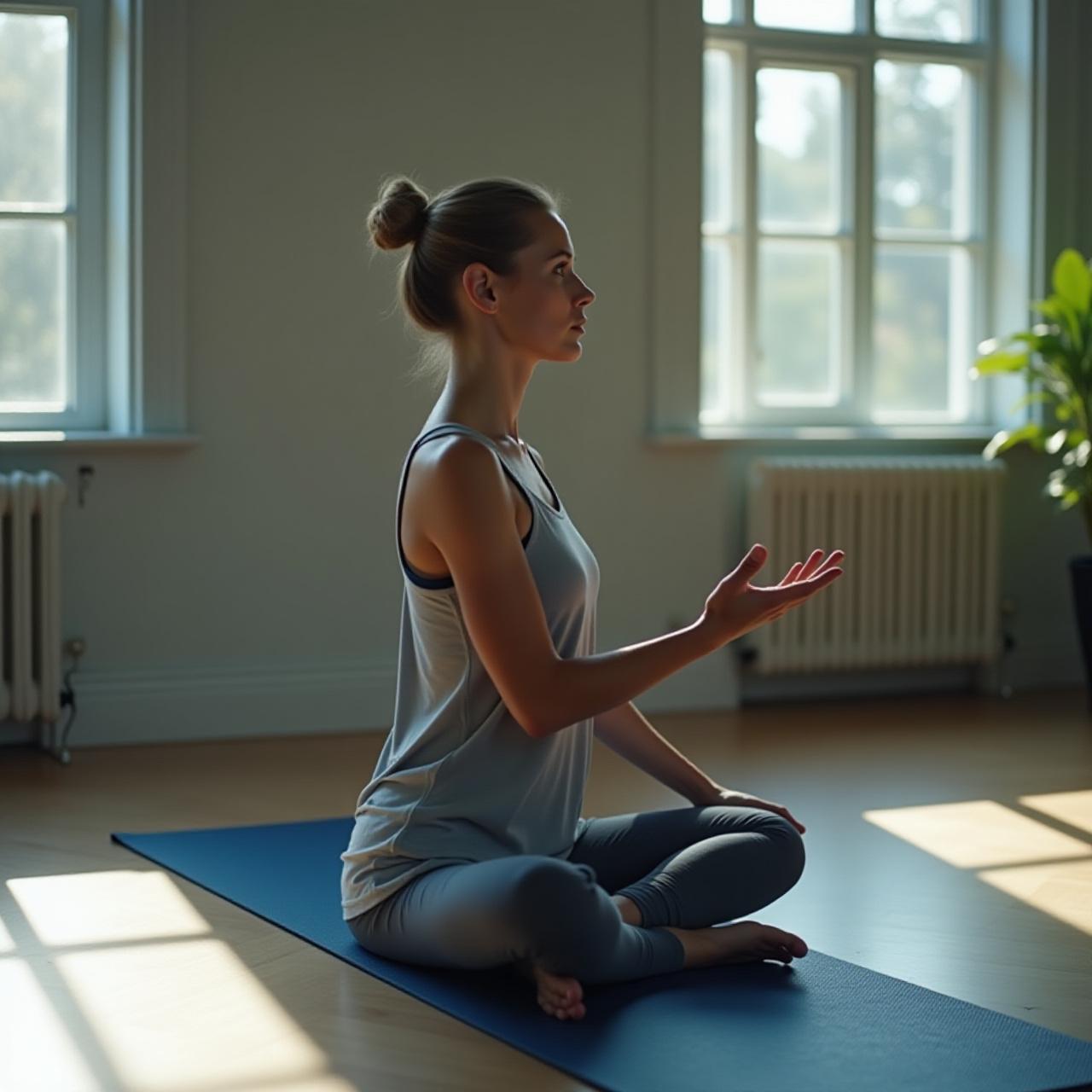 Woman practicing gentle yoga in a sunlit studio